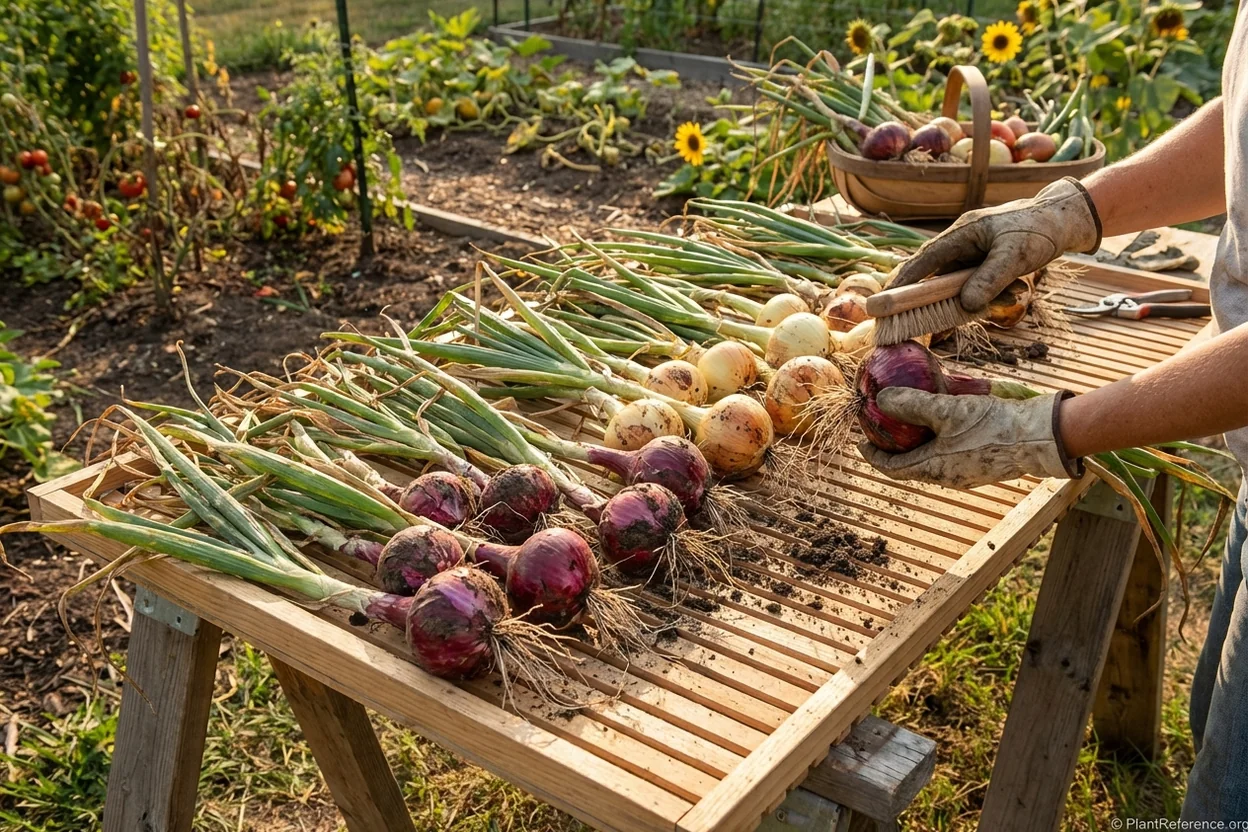 Harvesting mature onions in Kansas City garden with proper curing setup for storage