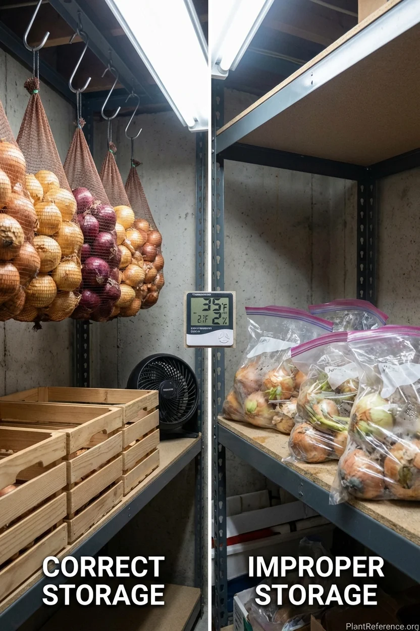 Proper onion storage setup for Kansas City homes showing mesh bags and ventilation