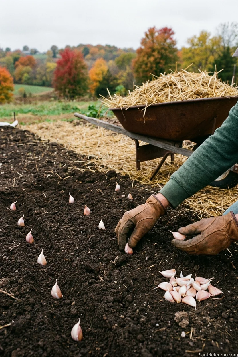Planting garlic cloves in Kansas City garden in October with mulch for winter protection
