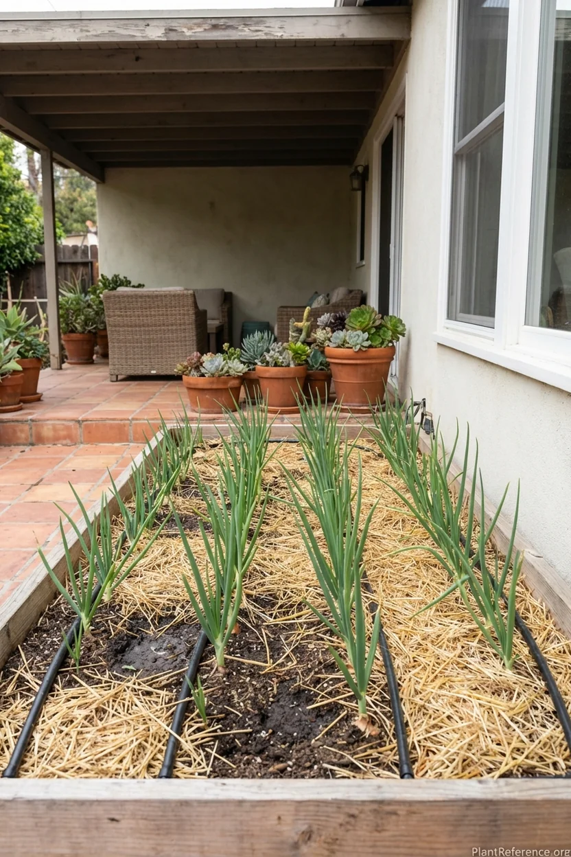 Drip irrigation and mulch setup for Los Angeles onion growing in Zone 10b