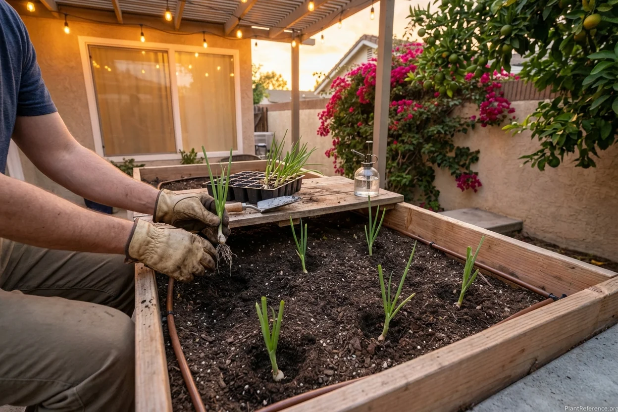 Planting onion transplants in Los Angeles garden - proper spacing and depth