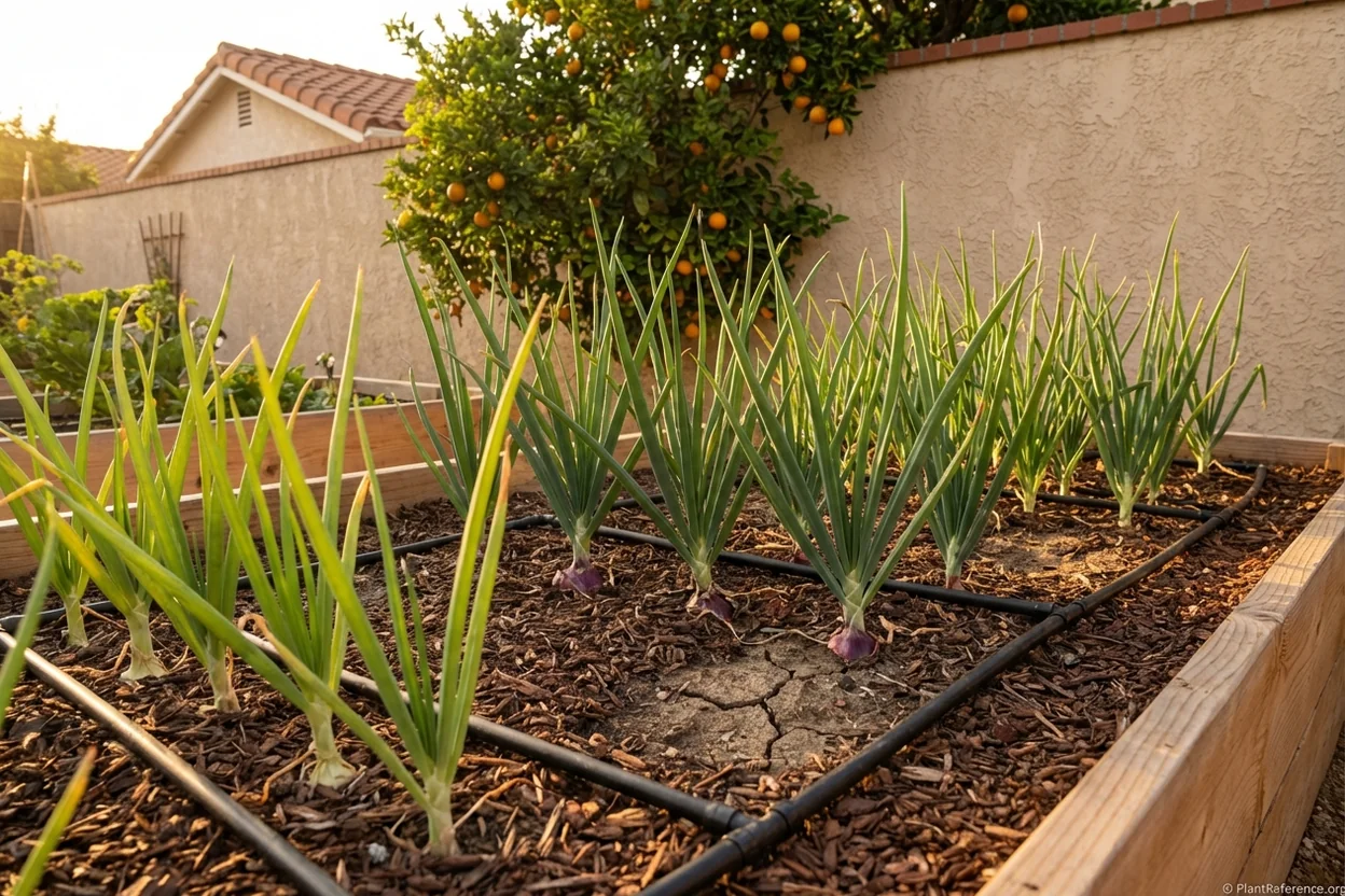 Texas Early Grano and Red Creole onions growing in Los Angeles Zone 10b garden