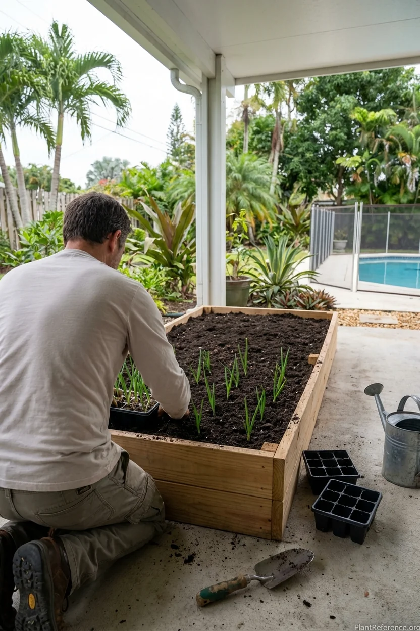 Planting onion transplants in Miami garden bed during December optimal planting window