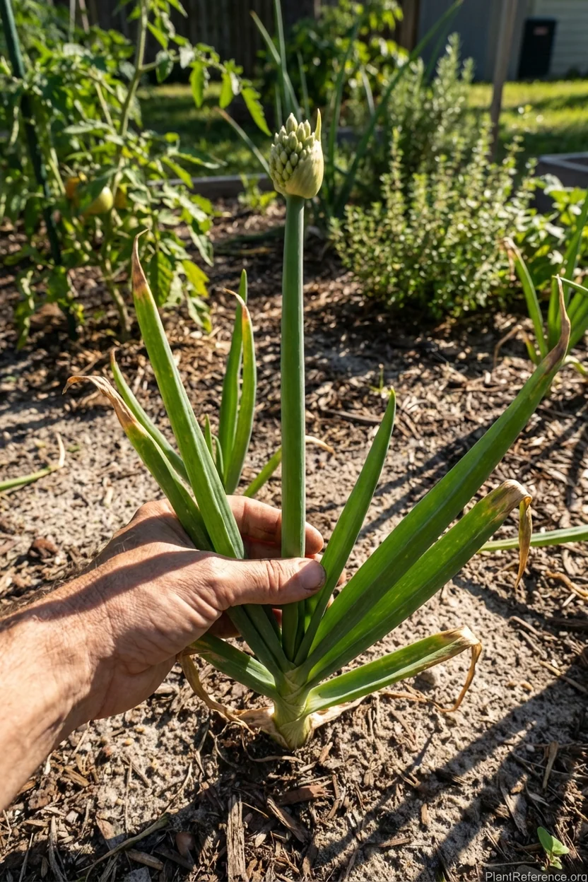 Onion plant bolting showing flower stalk formation that reduces bulb quality
