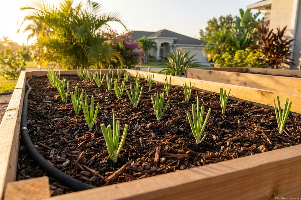Short-day onion transplants properly spaced 4 inches apart with mulch in Miami garden