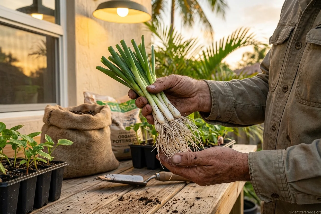 Texas Super Sweet short-day onion transplants showing healthy root systems for Miami planting