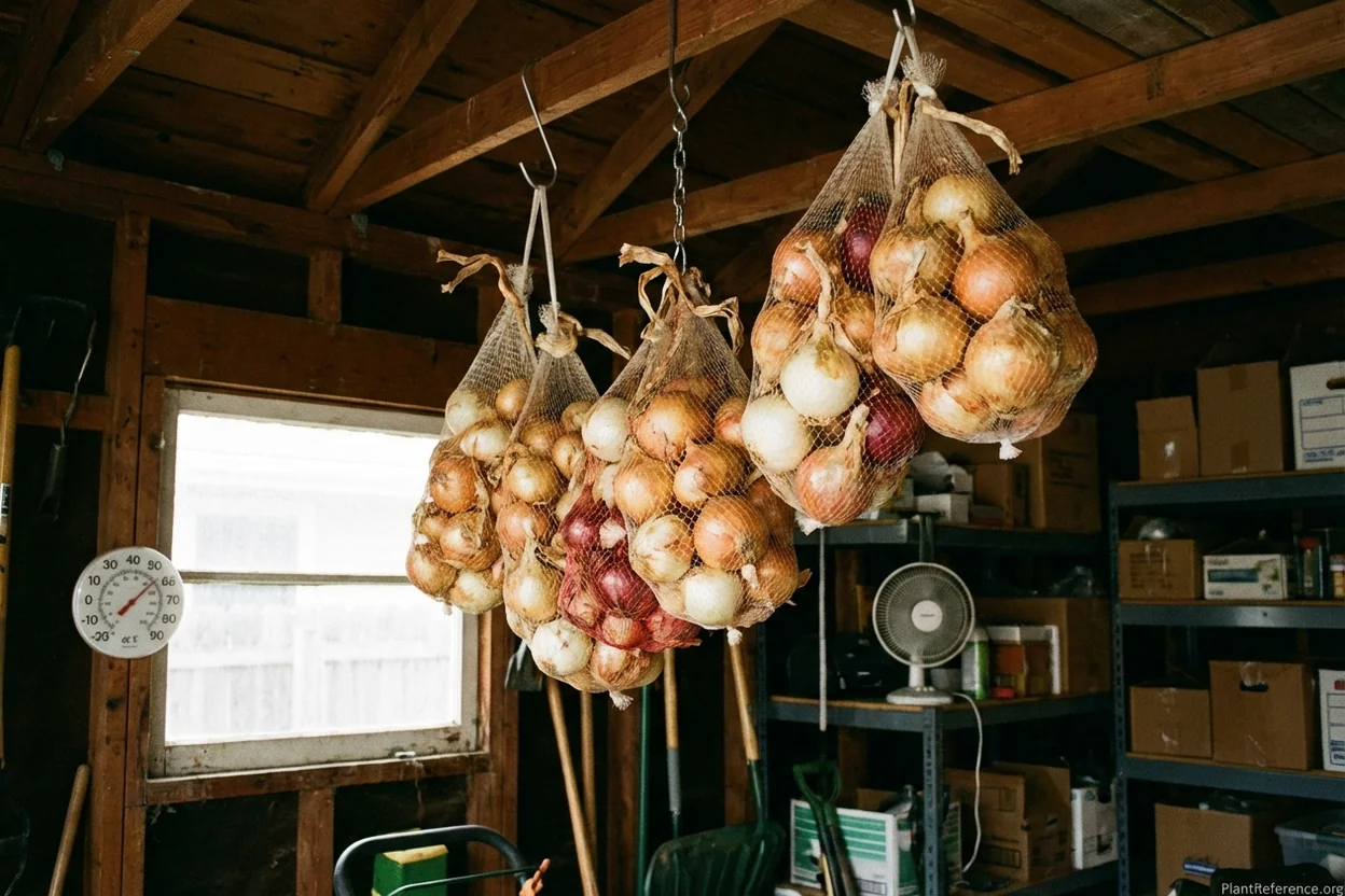 Cured onions hanging in mesh bags in Milwaukee garage showing proper storage preparation