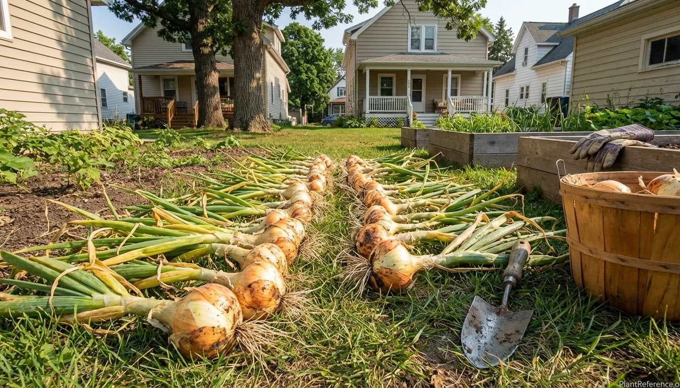 Fresh onion harvest in Milwaukee Zone 5b garden showing properly sized long-day onion bulbs ready for curing