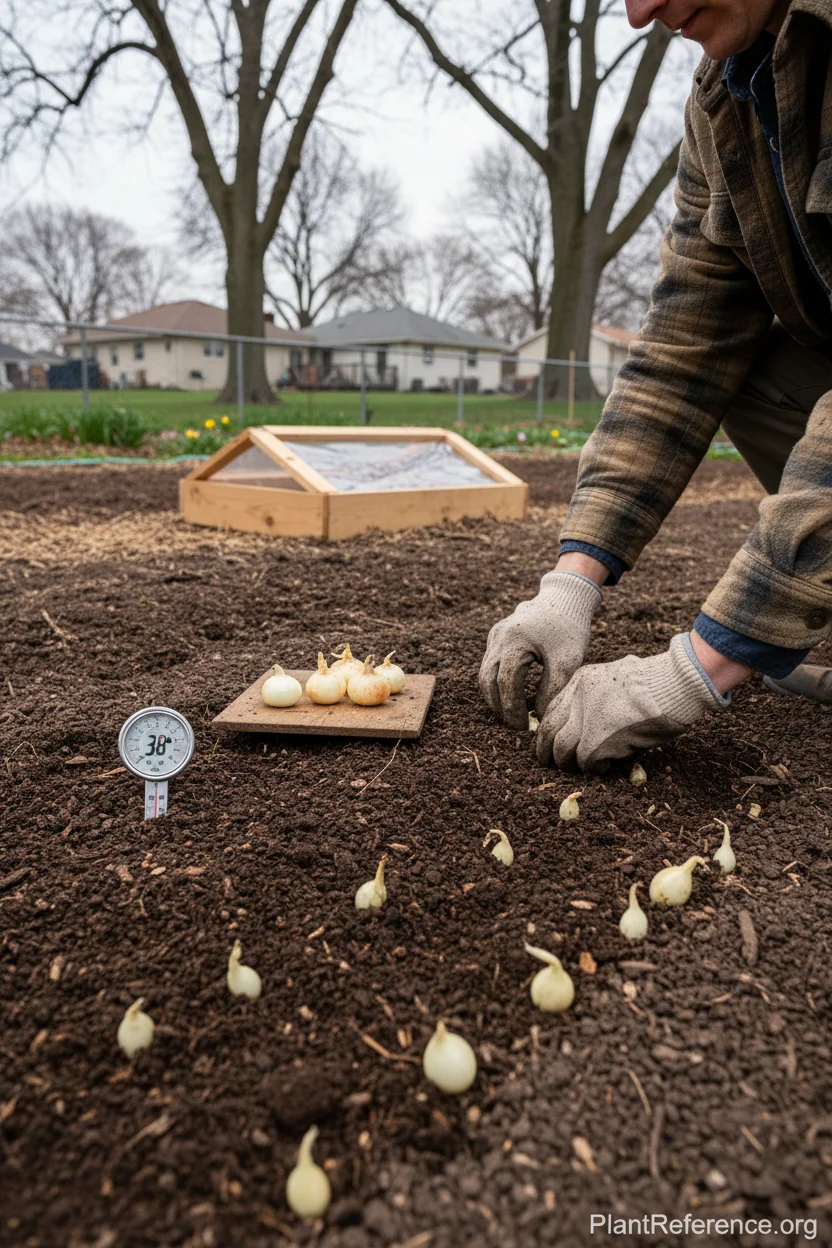Hands planting onion sets in Milwaukee garden with soil thermometer showing proper planting temperature