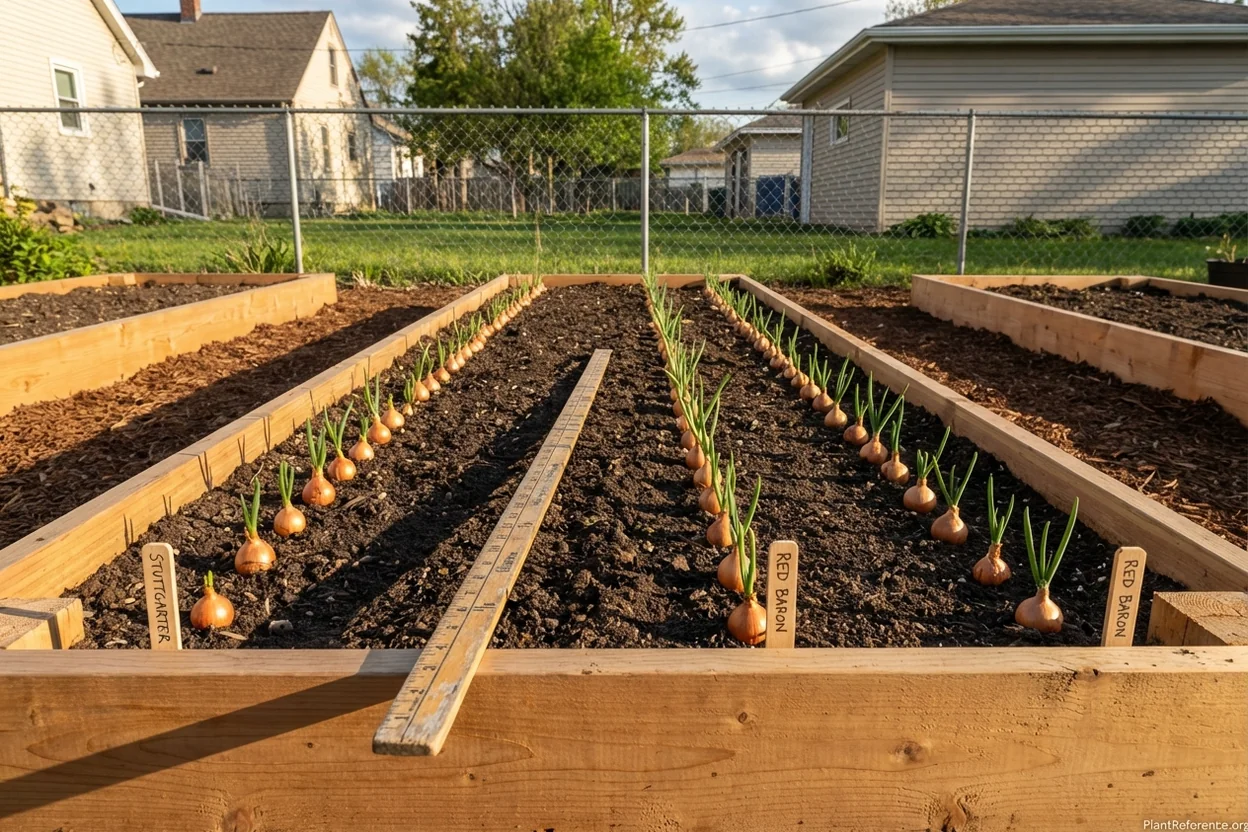 Onion sets planted 4 inches apart in Milwaukee raised bed showing proper spacing and depth