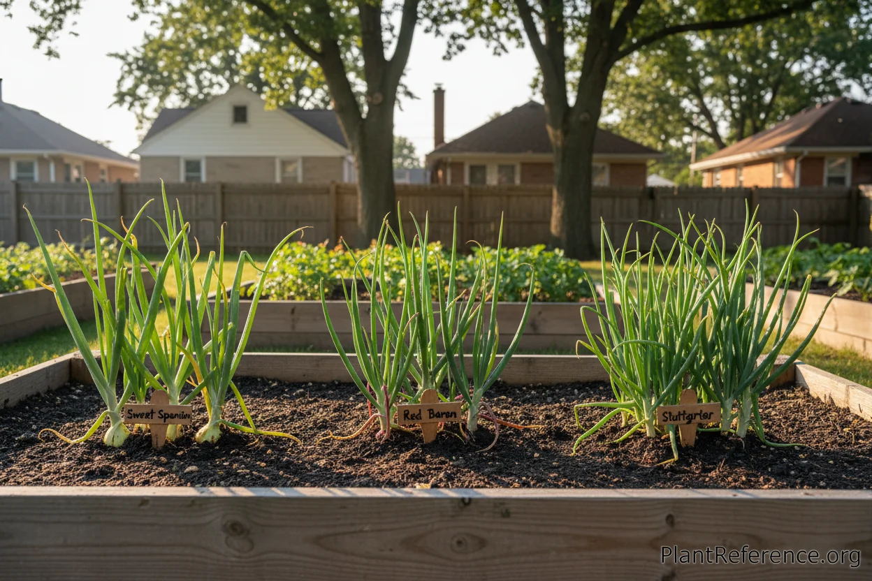 Three onion varieties growing in Milwaukee Zone 5b garden showing different growth patterns and sizes