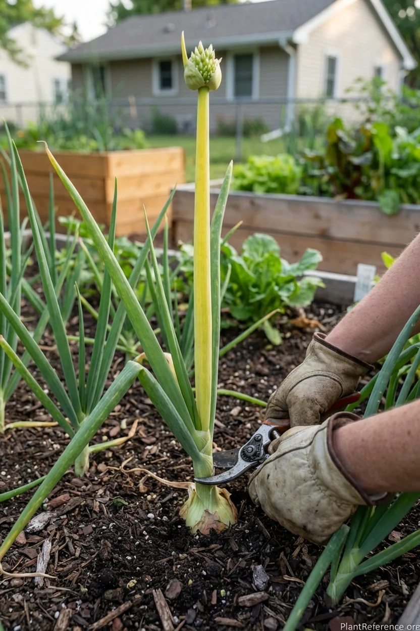 Onion plant in Minneapolis garden showing bolting flower stalk emerging from center