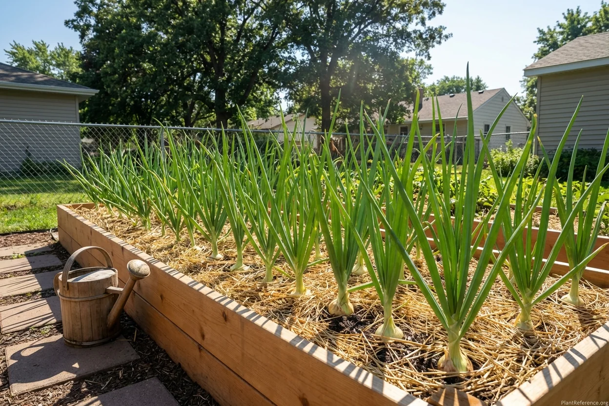 Well-spaced onions growing in mulched Minneapolis garden bed showing proper summer care