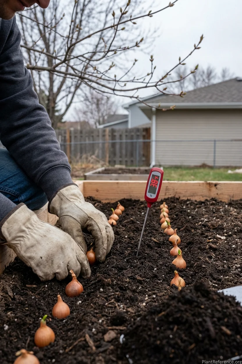 Hands planting onion sets in Minneapolis garden with soil thermometer showing optimal planting temperature