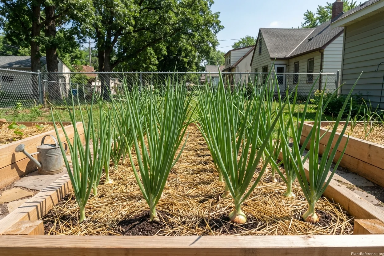 Three different onion varieties growing in Minneapolis garden showing Walla Walla, Red Wing, and bunching onions