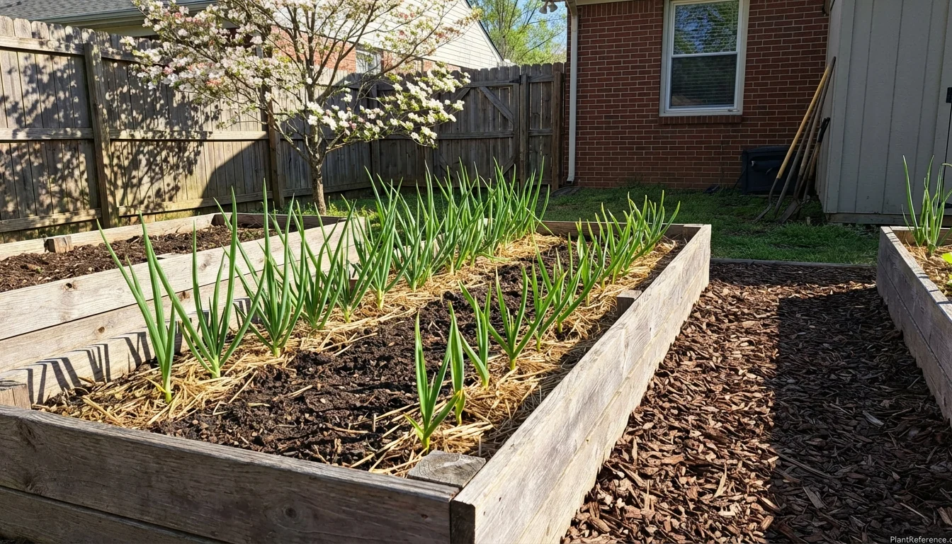 Thriving onion and garlic plants in Nashville Zone 7a garden with proper spacing and mulch protection
