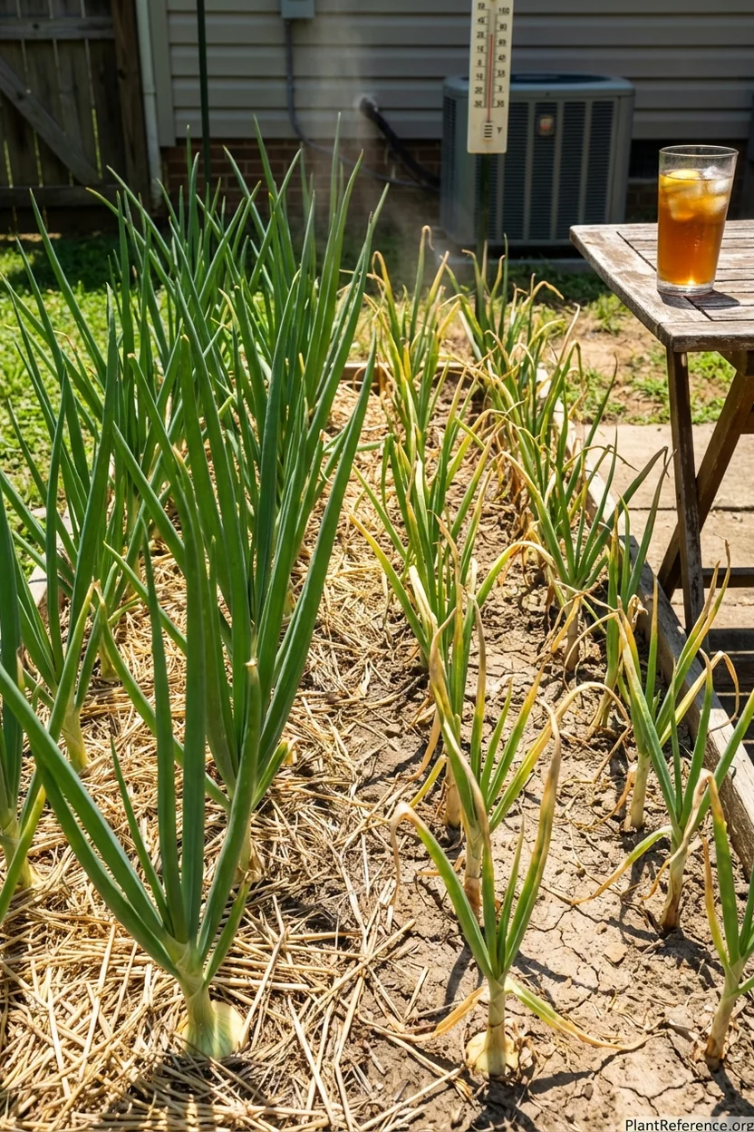 Heat-stressed vs healthy onion plants in Nashville summer showing proper care techniques