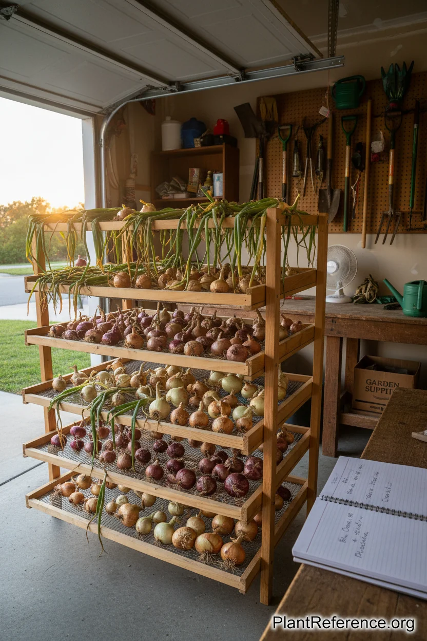 New York onion harvest curing on screens in well-ventilated garage for proper storage preparation