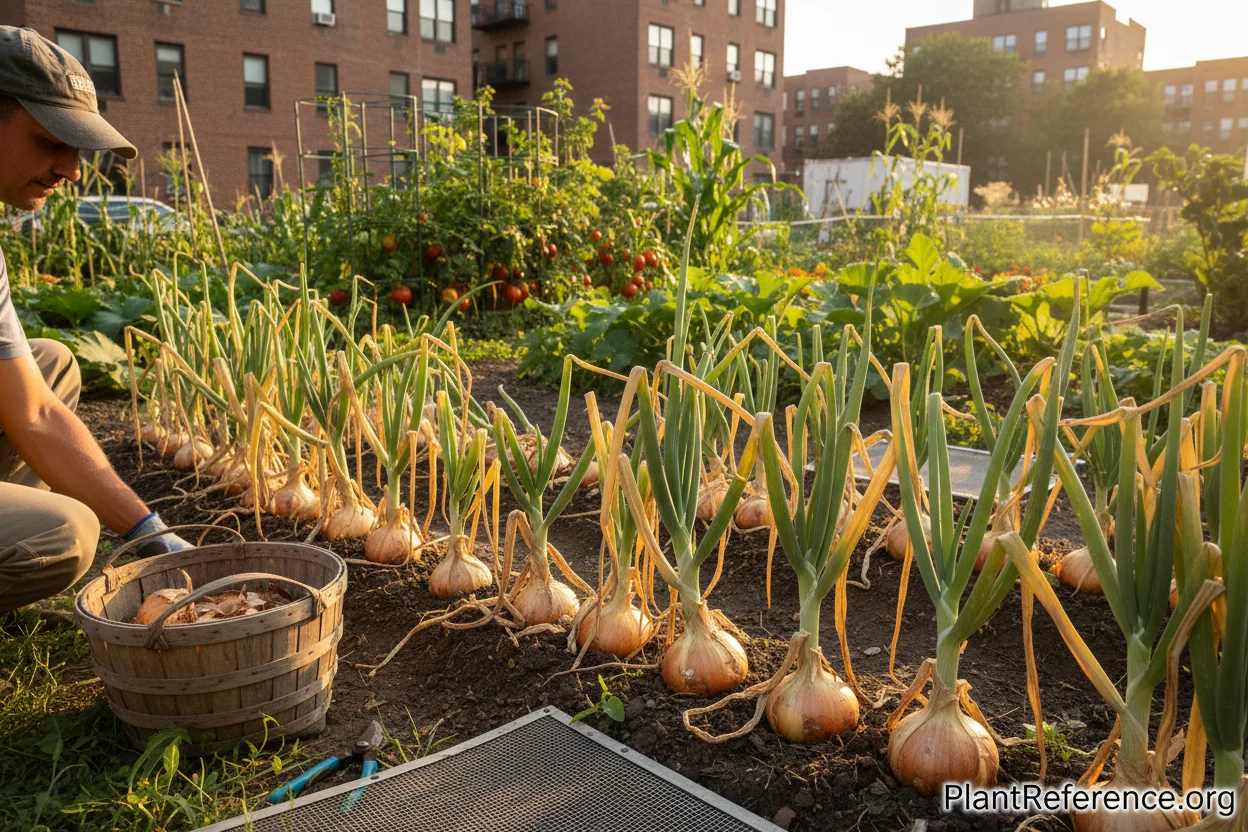 New York onion harvest showing properly developed bulbs with yellowing tops in late summer