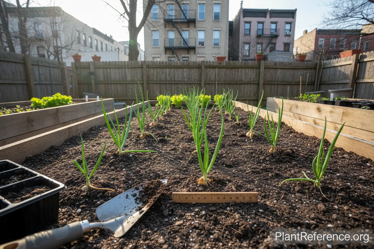Onion transplants properly spaced 4 inches apart in New York Zone 7a garden bed
