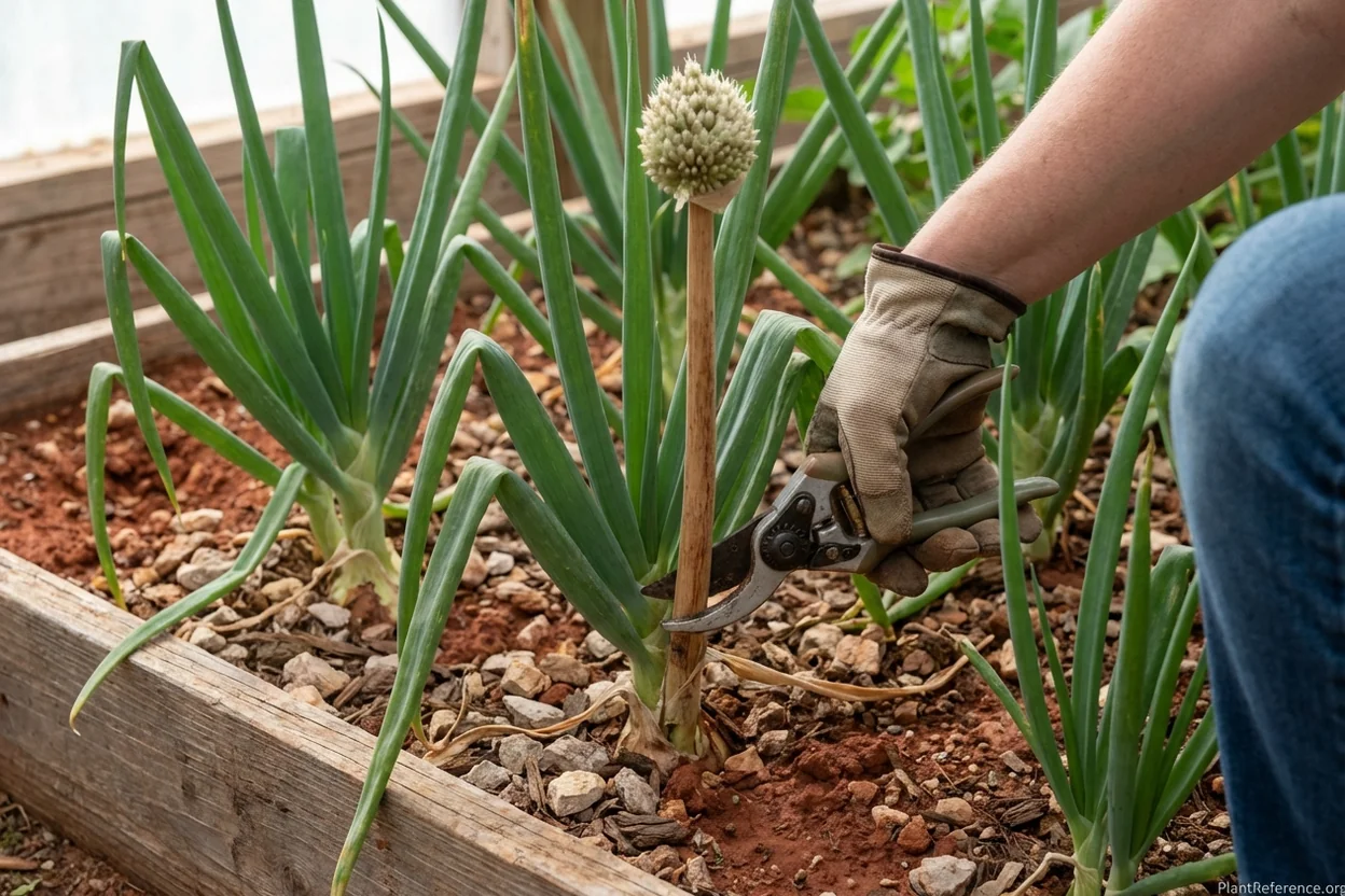Bolting onion plant in Oklahoma City garden showing flower stalk in Zone 7a conditions