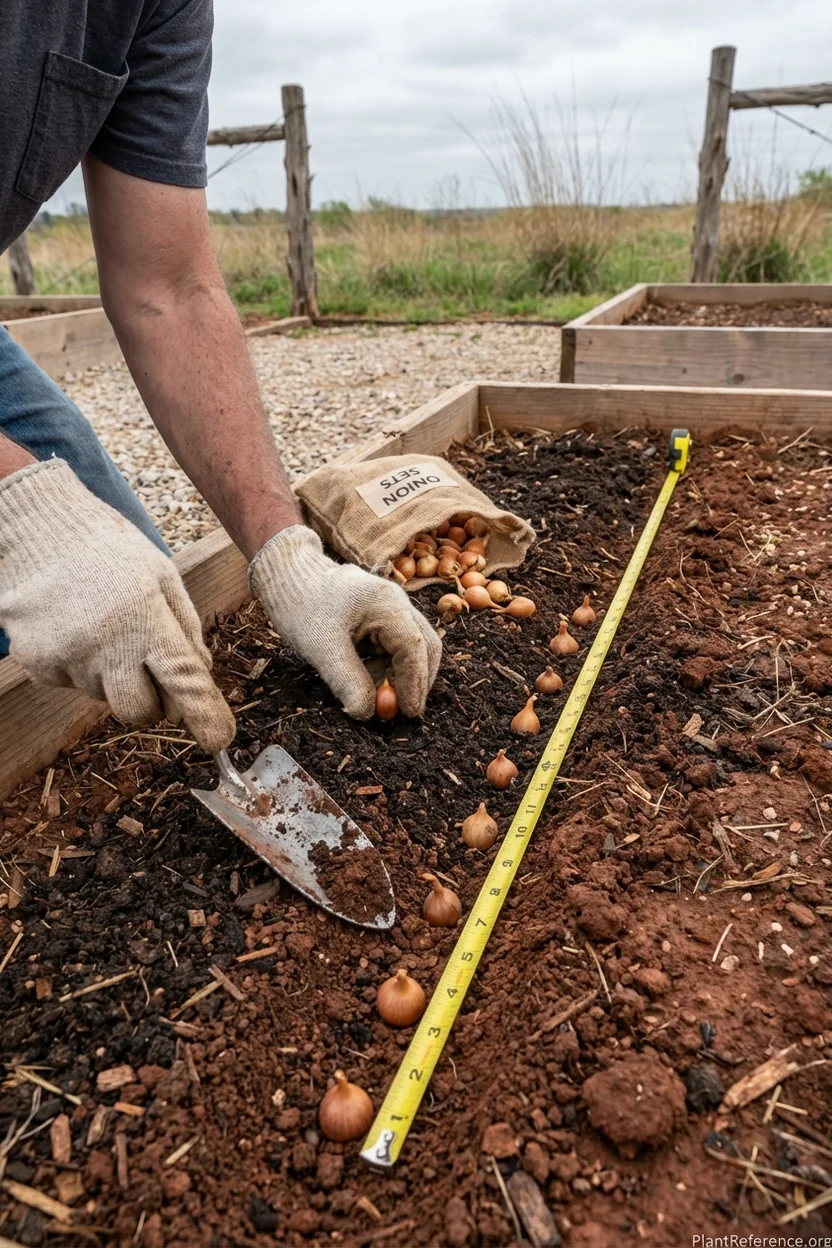 Planting onion sets in Oklahoma City Zone 7a garden - proper depth and spacing technique