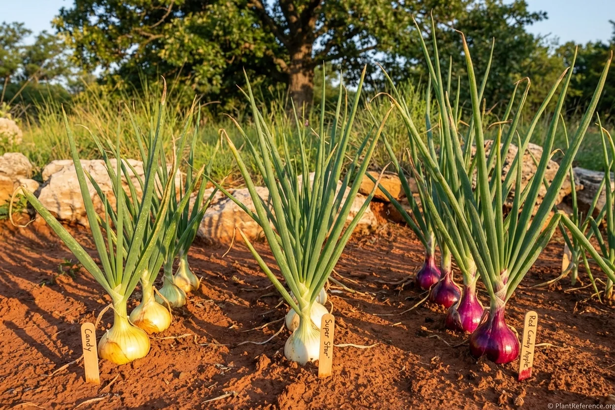 Intermediate-day onion varieties Candy and Super Star growing in Oklahoma City Zone 7a
