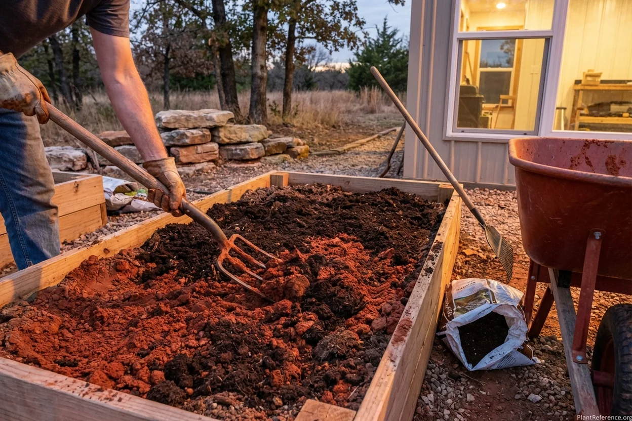 Amending Oklahoma City red clay soil with compost for onion growing in Zone 7a