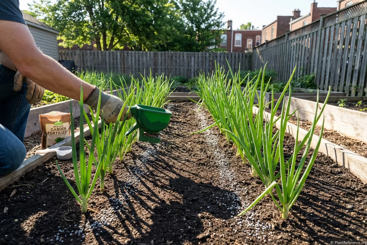 Fertilizing onions in Philadelphia garden showing proper nutrient management for Zone 7a growing conditions