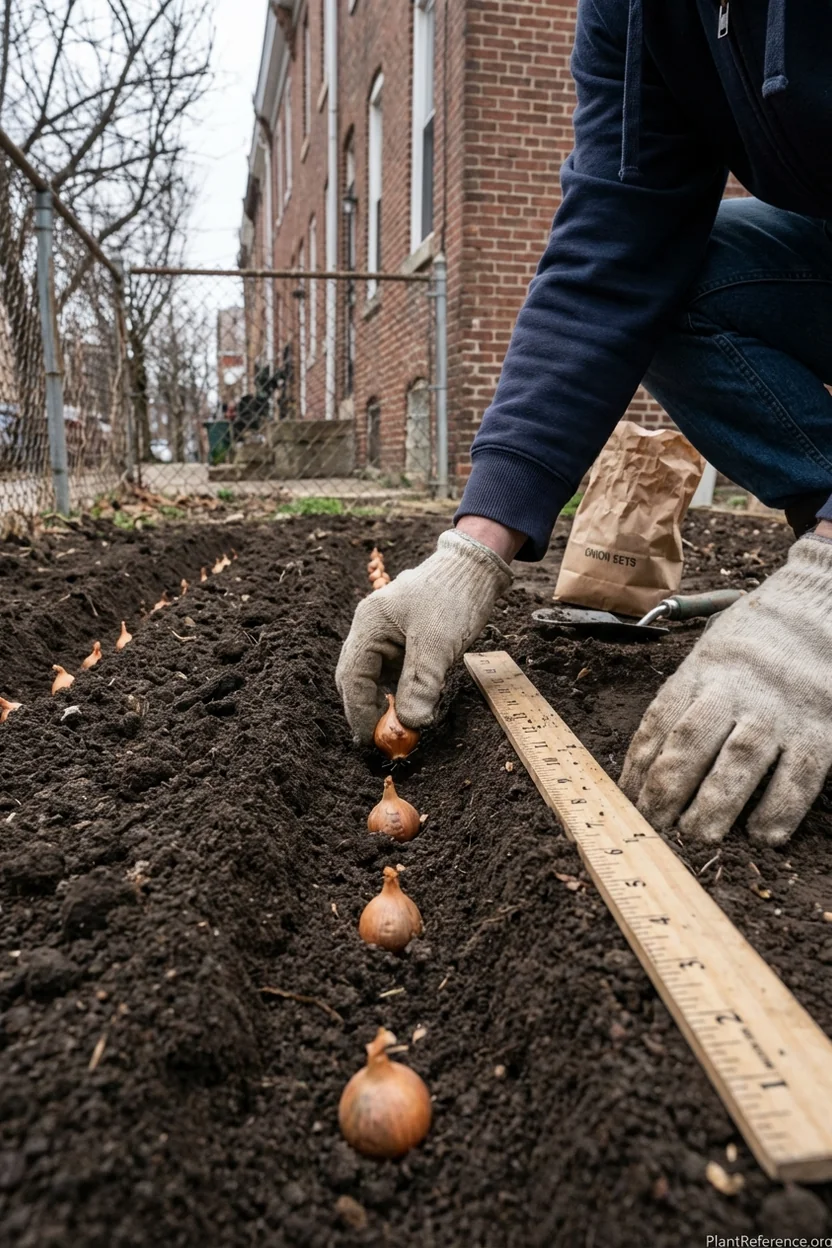 Planting onion sets in Philadelphia garden March 10-25 showing proper 4-inch spacing for Zone 7a