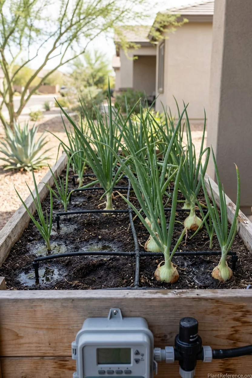 Efficient drip irrigation keeping onions hydrated in Phoenix desert heat