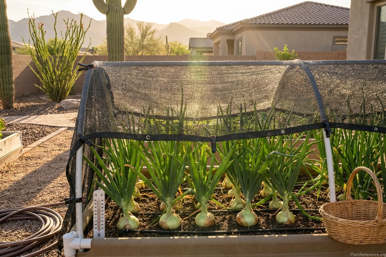 Shade cloth protecting Phoenix onions from desert sun during late spring heat