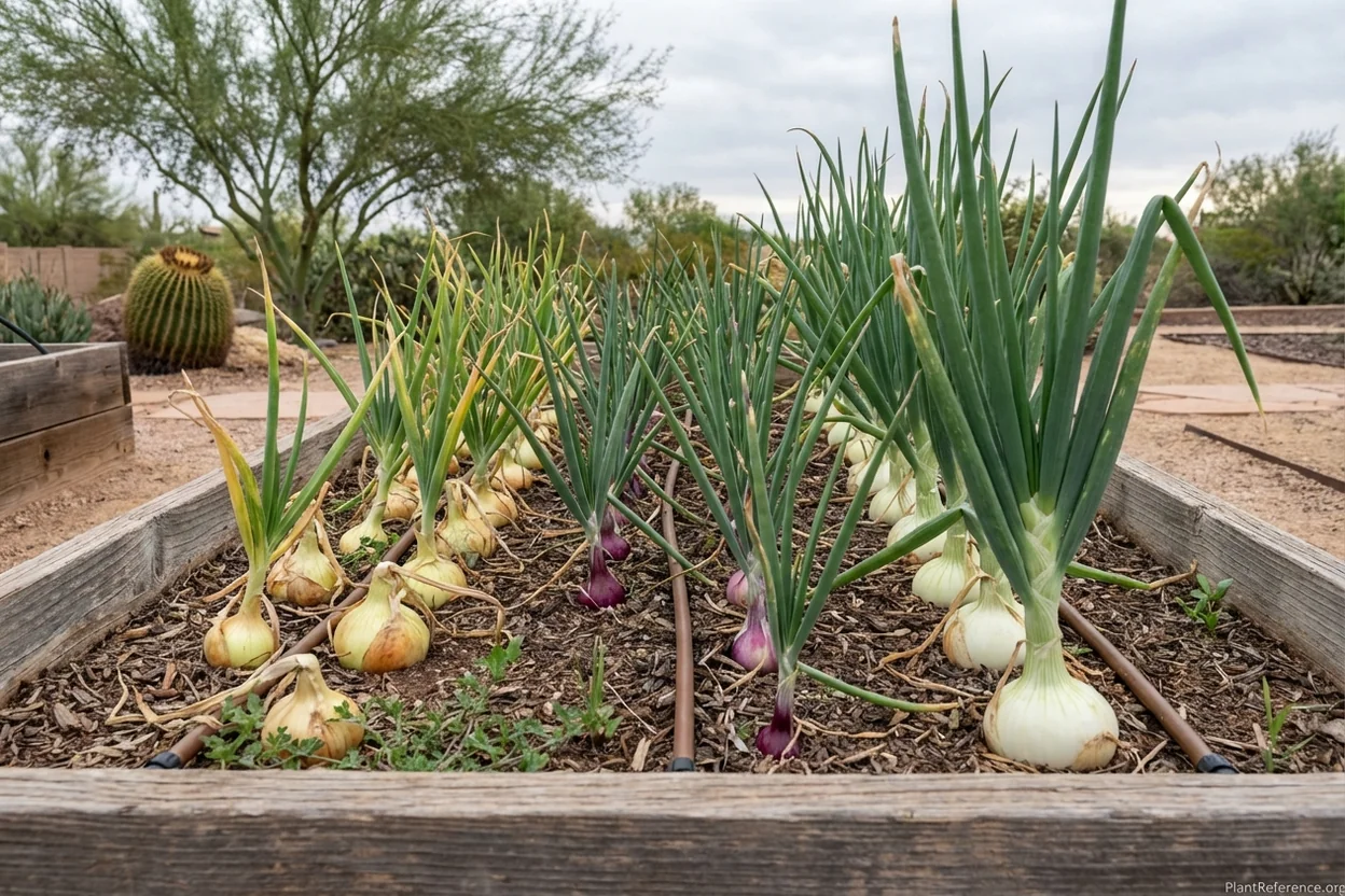 Texas Super Sweet and Red Creole onions thriving in Phoenix desert garden bed