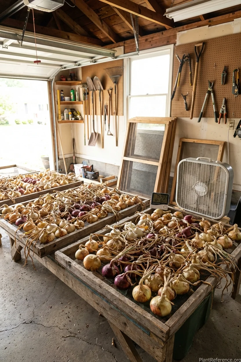 Freshly harvested Pittsburgh onions spread on wooden drying screens in well-ventilated garage for proper curing