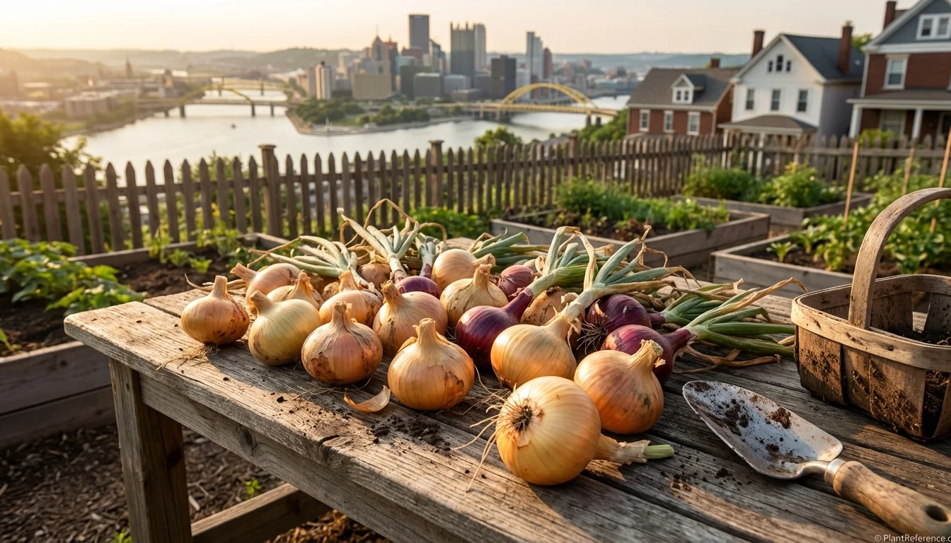 Fresh onion bulbs harvested in Pittsburgh Zone 6b garden showing successful long-day onion cultivation