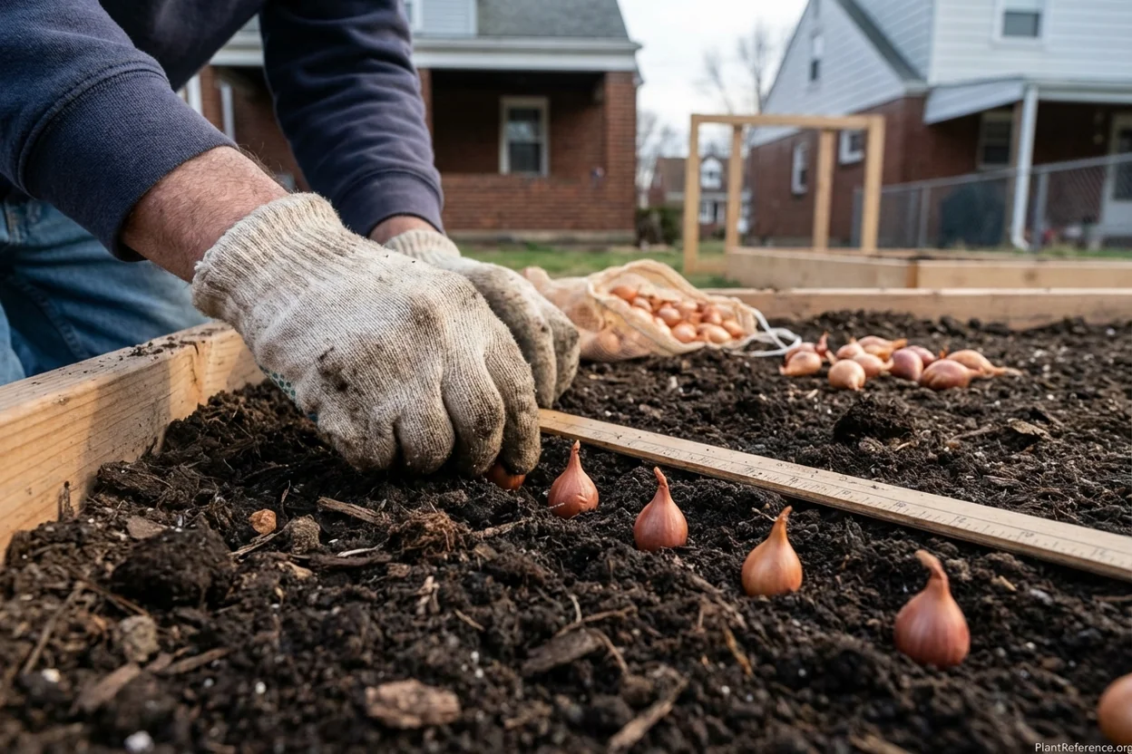 Gardener's hands planting onion sets in Pittsburgh Zone 6b garden soil showing proper depth and spacing