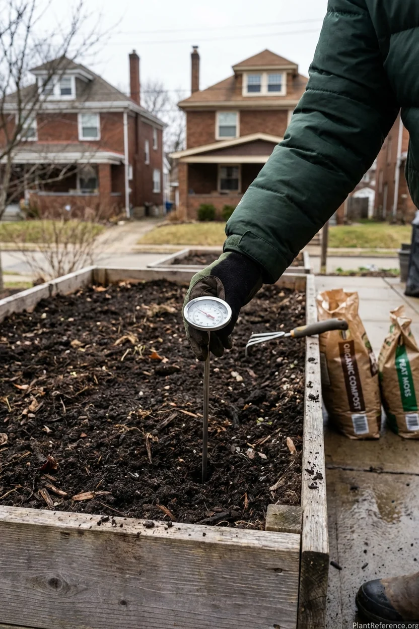 Gardener using soil thermometer to check Pittsburgh garden bed temperature for onion planting readiness