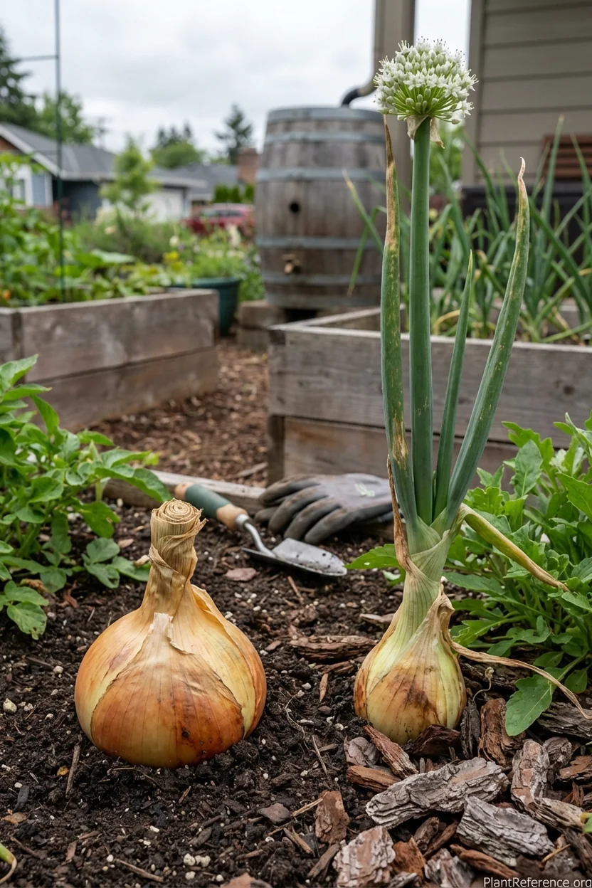 Healthy vs bolted onions in Portland garden showing importance of proper timing