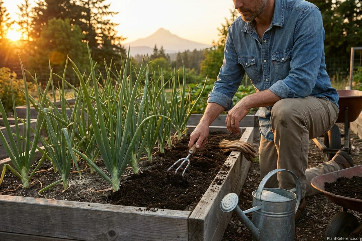 Applying organic compost around onion plants in Portland Zone 8b garden