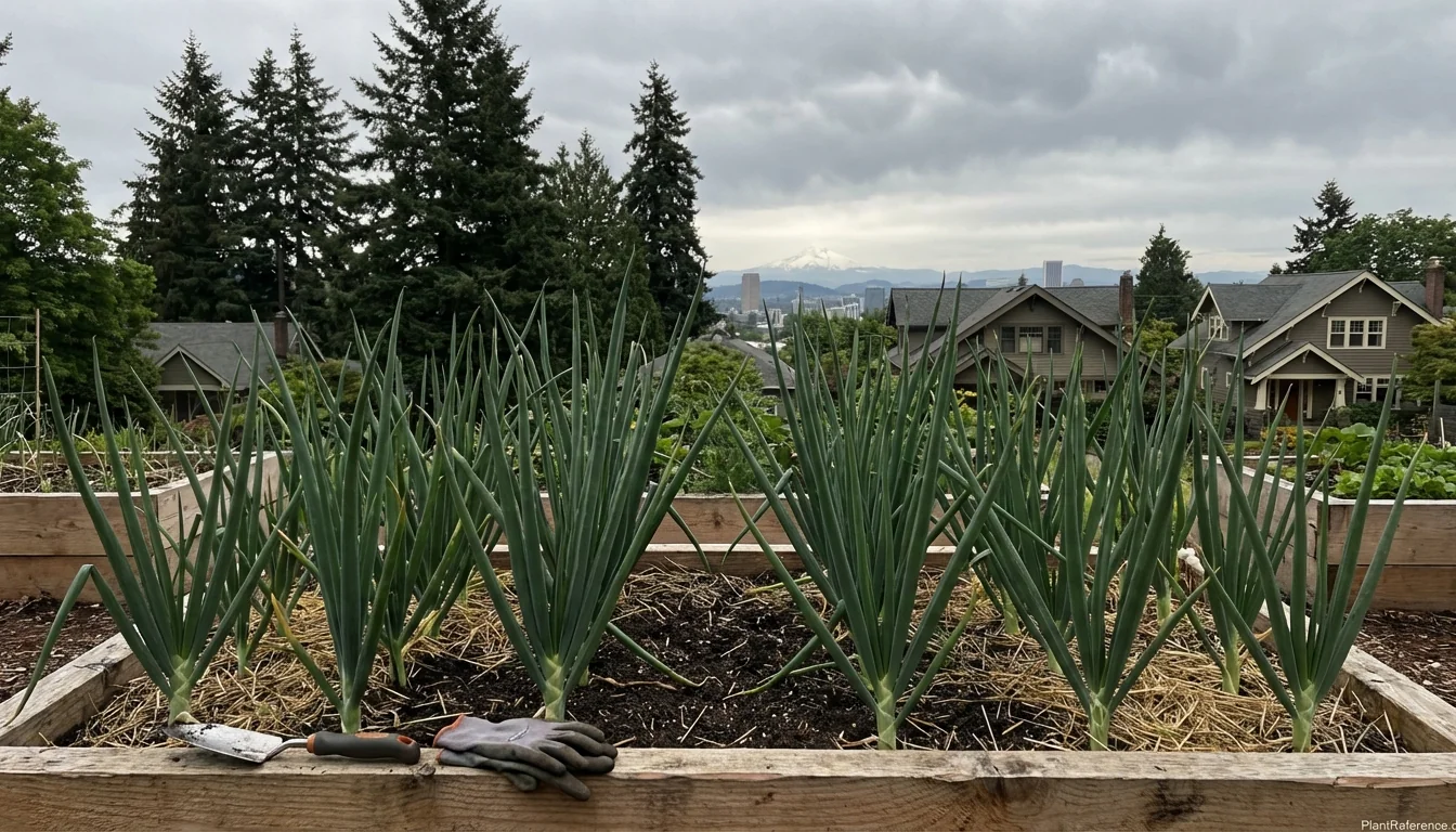 Healthy onions growing in Portland Zone 8b garden with Pacific Northwest landscape