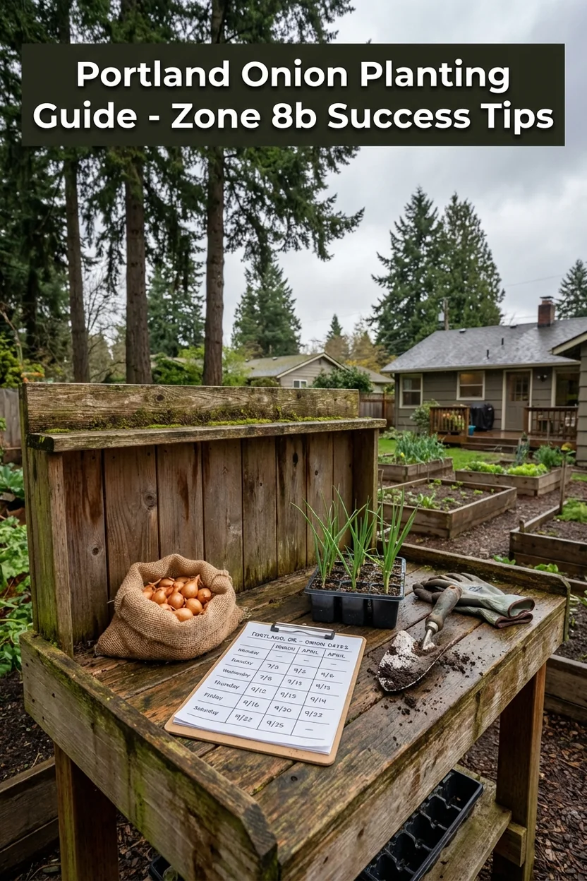 Portland onion planting guide with specific Zone 8b dates and variety recommendations