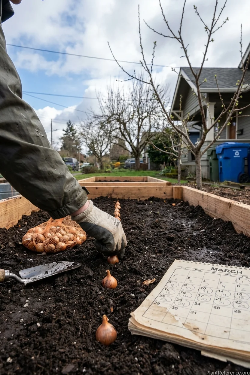 Planting onion sets in Portland garden in early March with frost protection