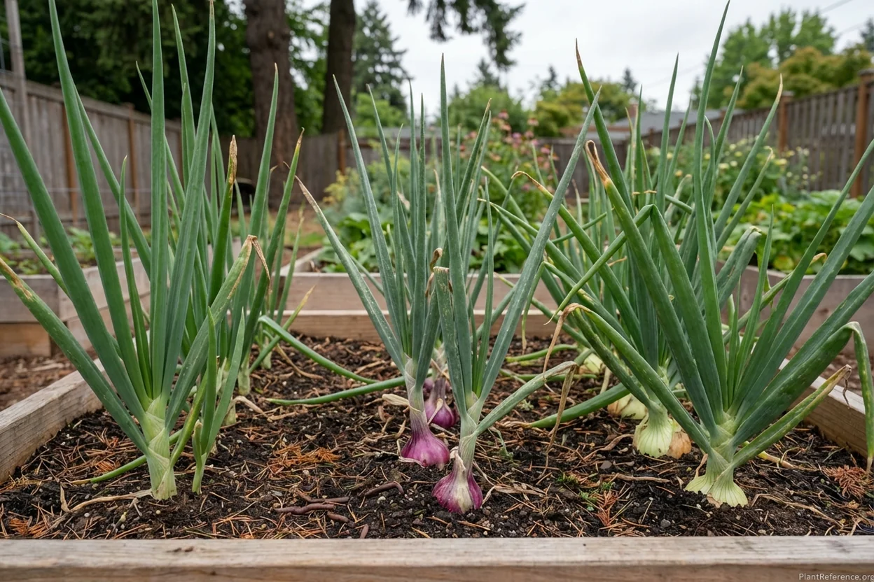 Walla Walla, Red Wing, and Yellow Sweet Spanish onions growing in Portland Zone 8b garden