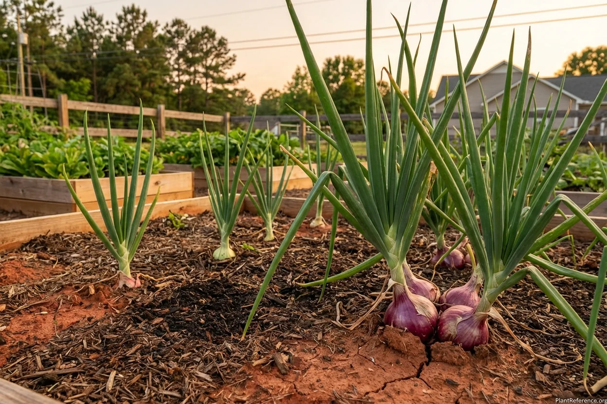 Healthy onion plants in Raleigh Zone 7b garden showing thick green tops and bulb formation at soil level