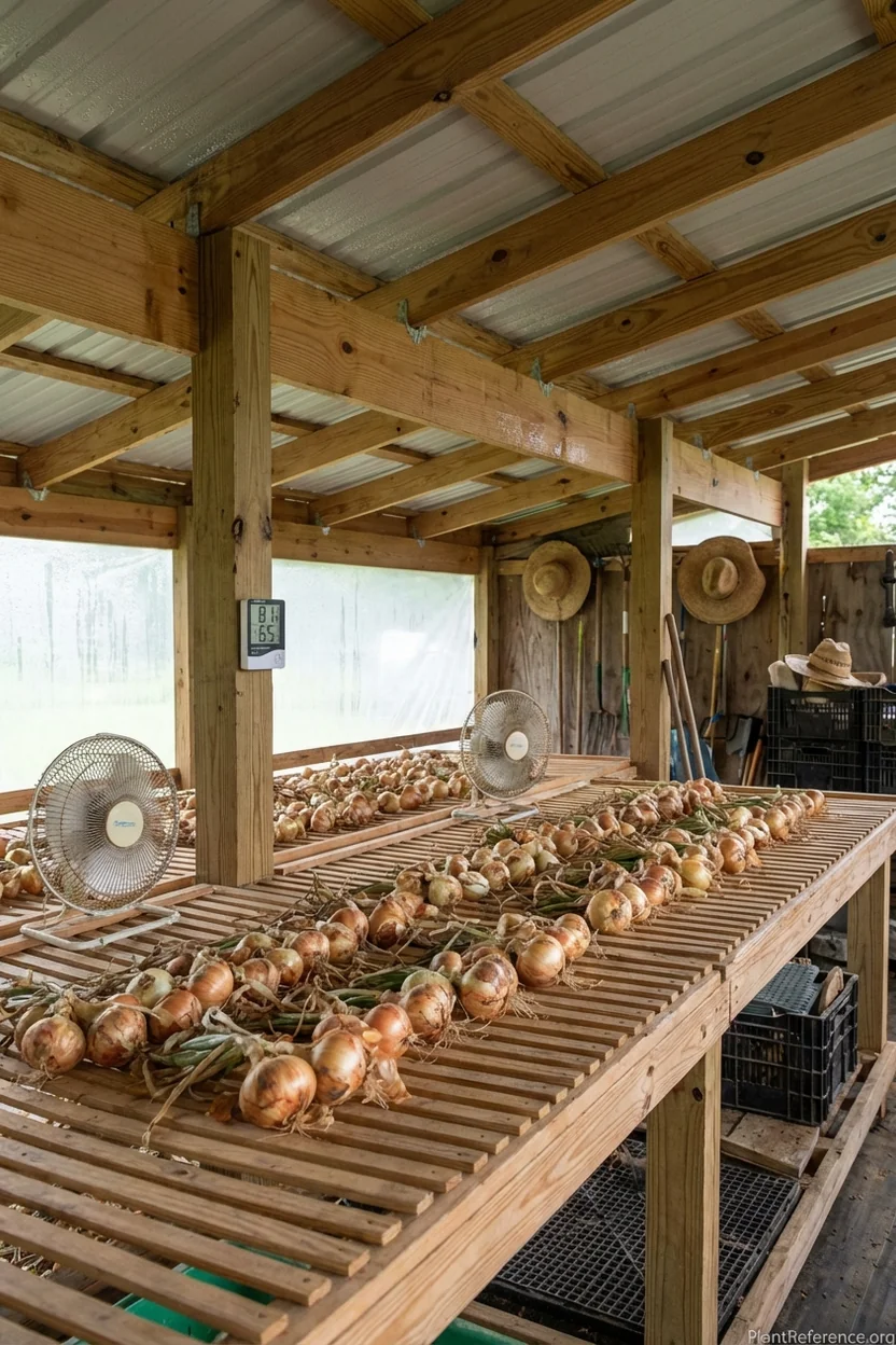 Onion curing setup in covered area with fans for air circulation in humid North Carolina climate
