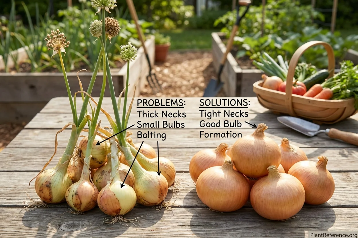 Comparison showing problematic onions with thick necks versus properly developed bulbs in Raleigh garden