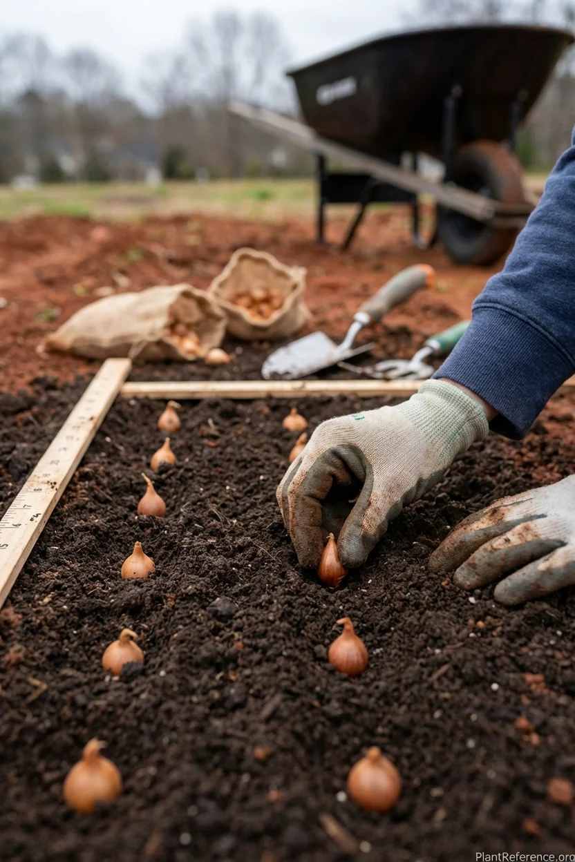 Planting onion sets in Raleigh garden bed with proper 4-inch spacing in February