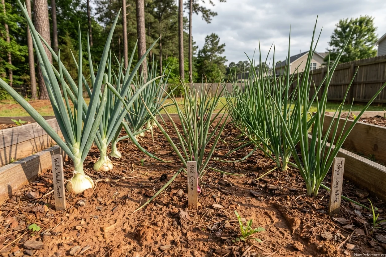 Different onion varieties growing in Zone 7b Raleigh garden showing Candy, Superstar, and Red Candy Apple types