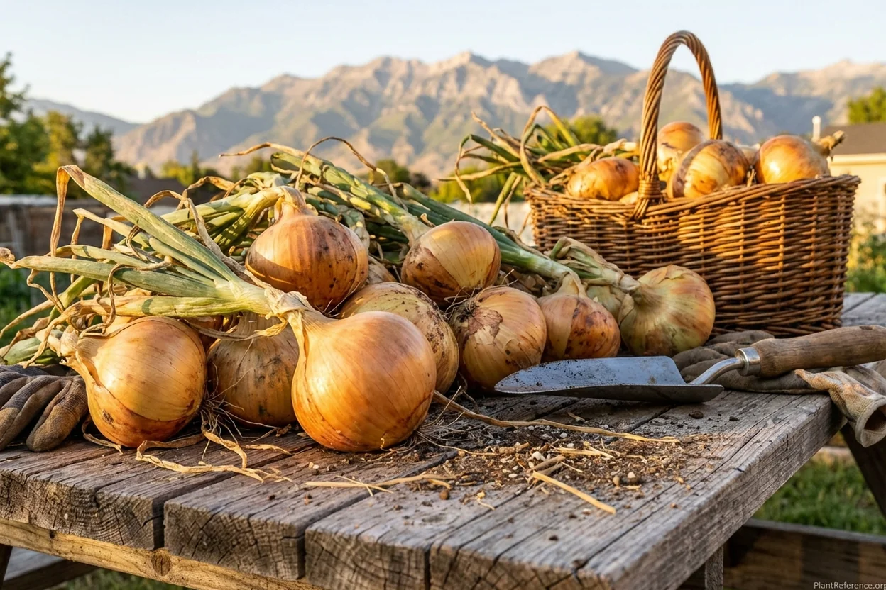 Yellow Sweet Spanish onions grown in Salt Lake City Zone 7a showing large bulb development