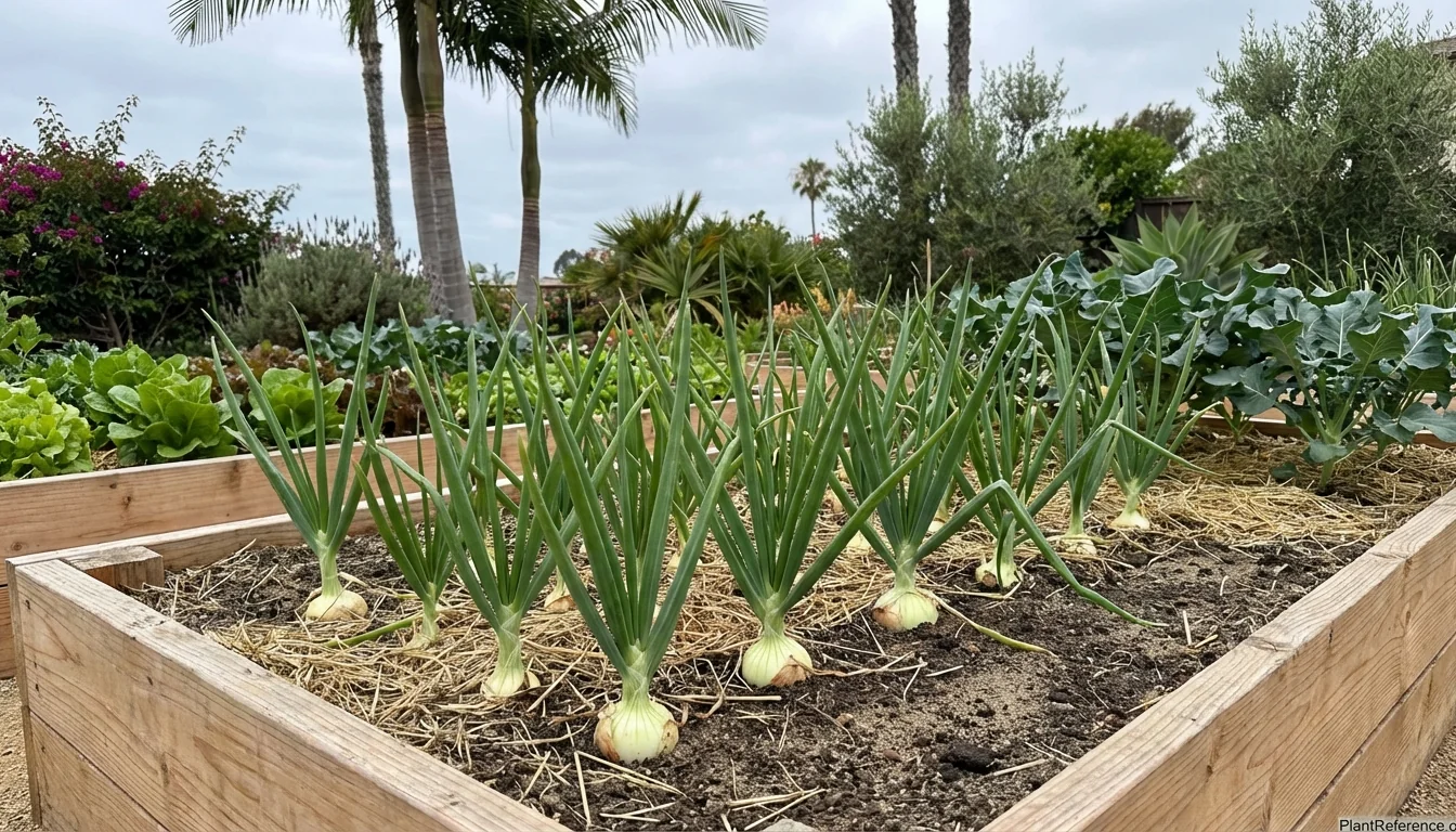 Short-day onions growing in San Diego Zone 10b garden bed with winter vegetables